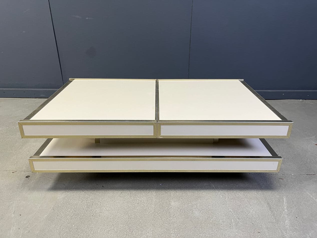 Coffee table, beige wood, brass, aluminum, by W. Rizzo, Italy, 1970s. - 273591