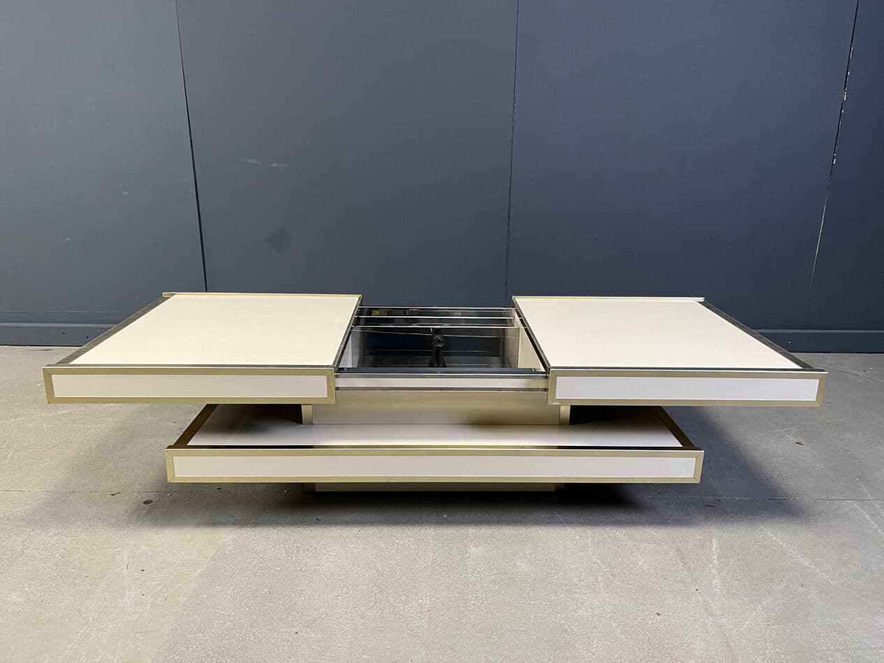 Coffee table, beige wood, brass, aluminum, by W. Rizzo, Italy, 1970s. - 273583