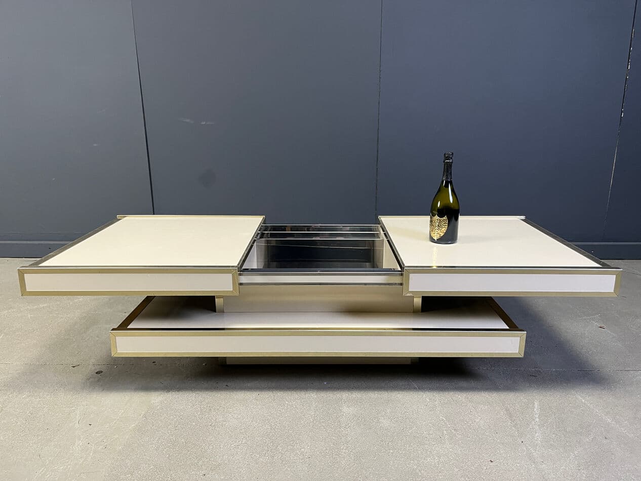 Coffee table, beige wood, brass, aluminum, by W. Rizzo, Italy, 1970s. - 273595