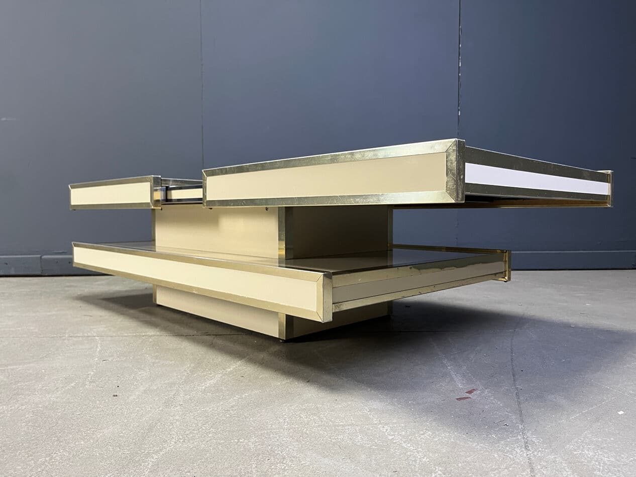 Coffee table, beige wood, brass, aluminum, by W. Rizzo, Italy, 1970s. - 273586