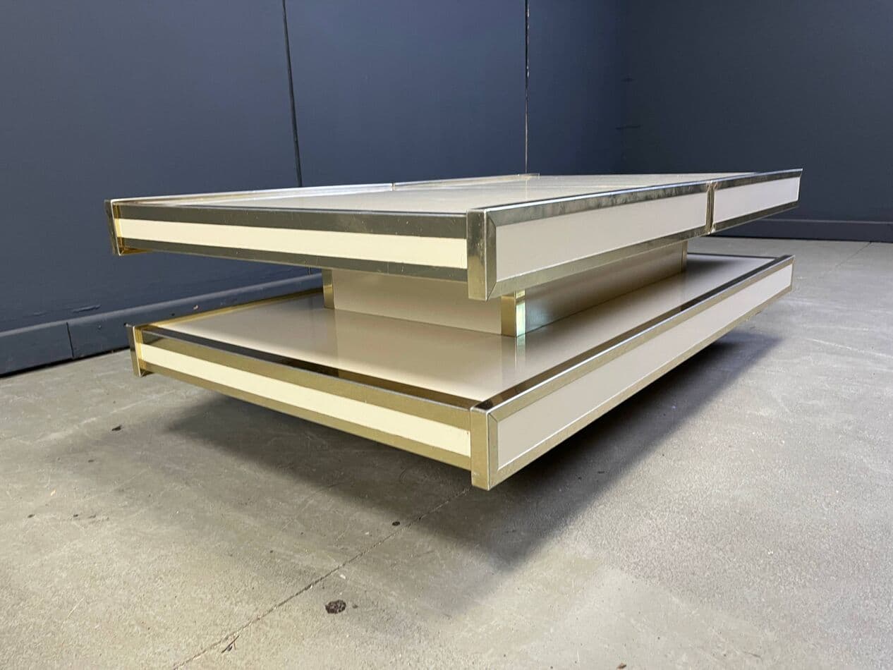 Coffee table, beige wood, brass, aluminum, by W. Rizzo, Italy, 1970s. - 273589