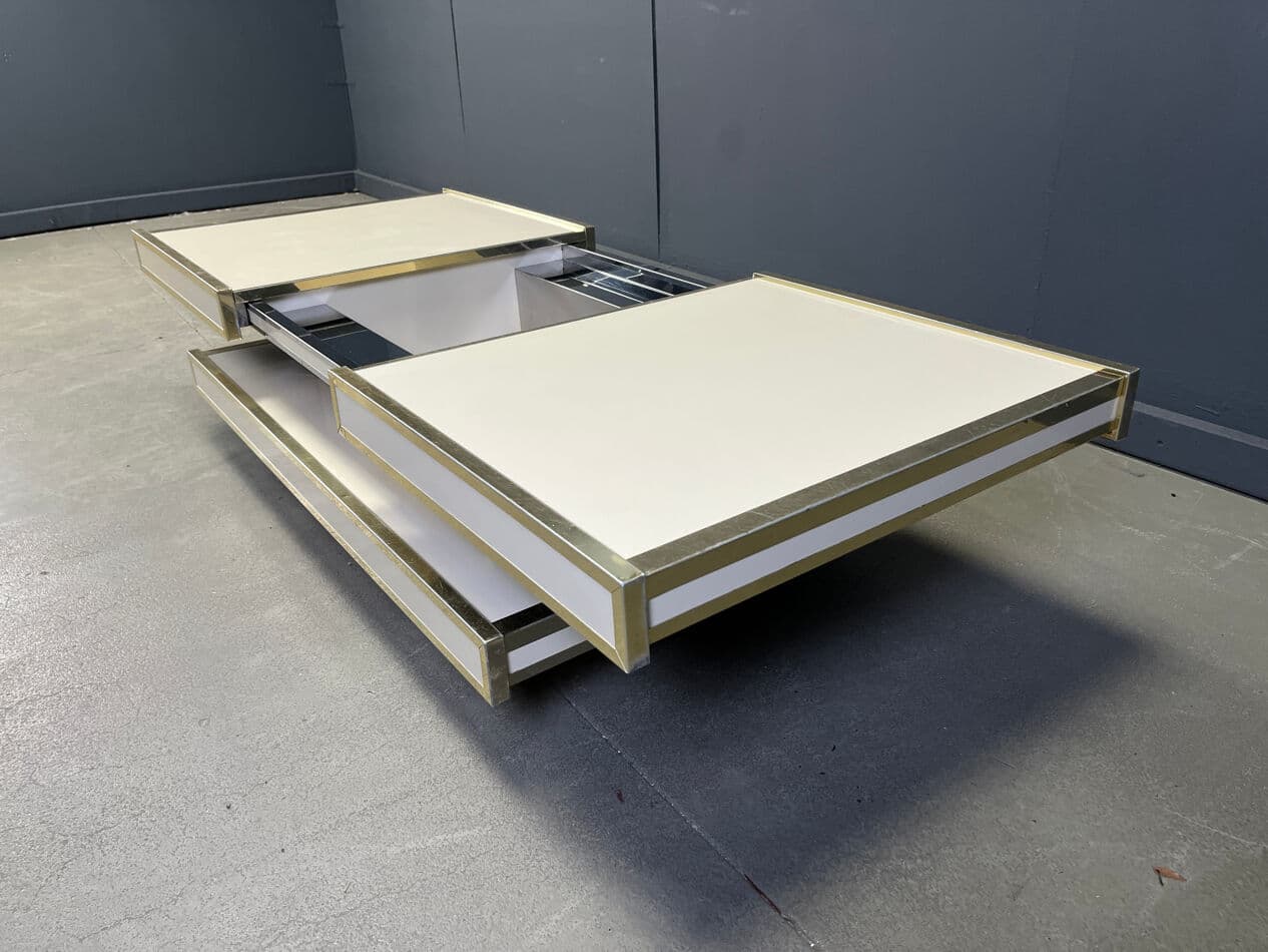 Coffee table, beige wood, brass, aluminum, by W. Rizzo, Italy, 1970s. - 273594