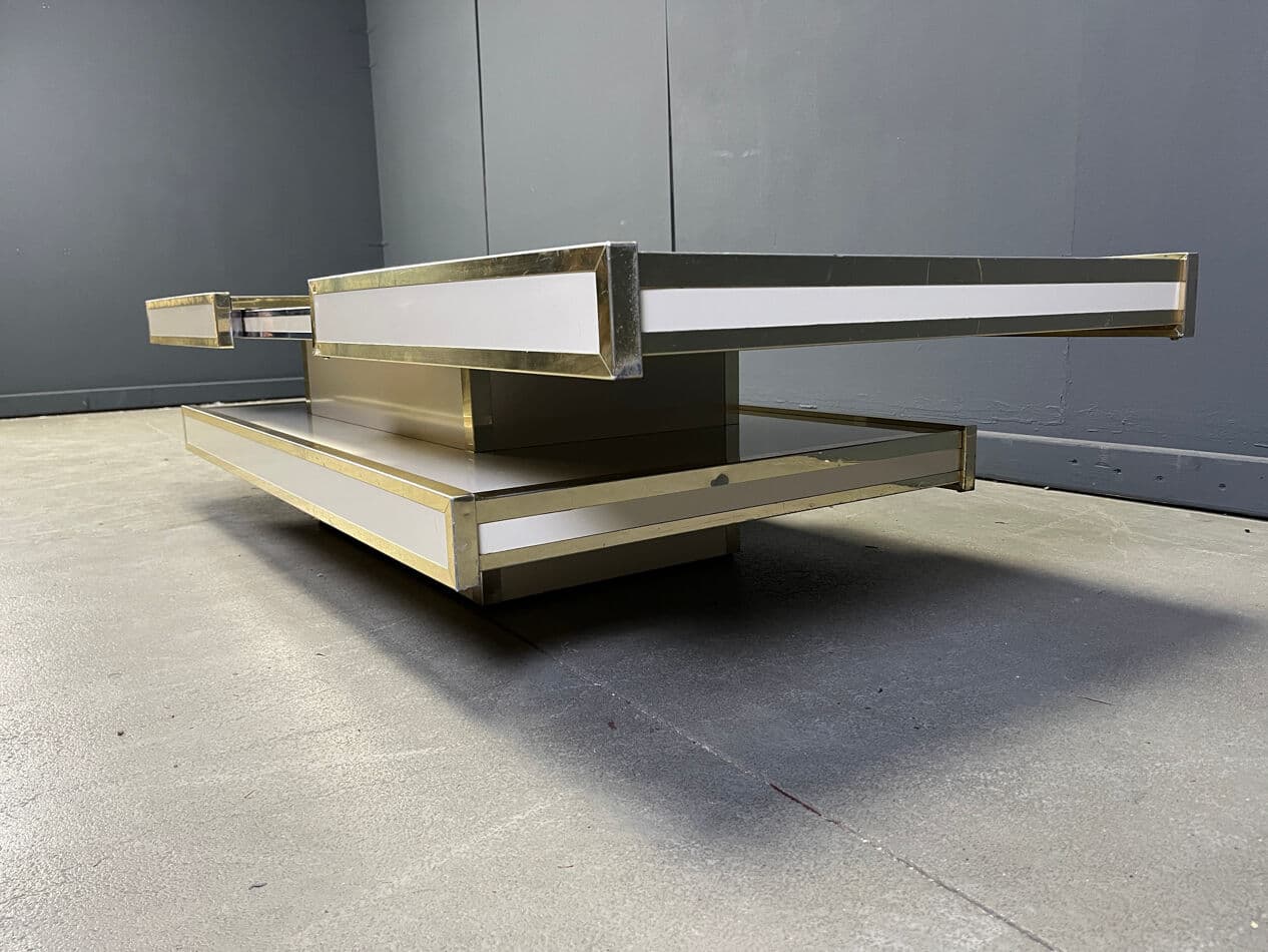 Coffee table, beige wood, brass, aluminum, by W. Rizzo, Italy, 1970s. - 273593