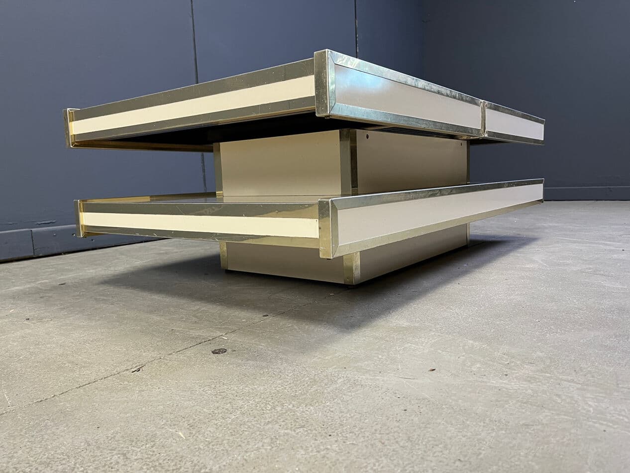 Coffee table, beige wood, brass, aluminum, by W. Rizzo, Italy, 1970s. - 273588