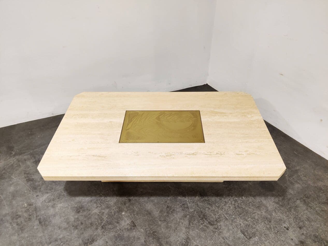 Coffee Table, beige travertine, gold brass, Belgium, 1970s. - 273517