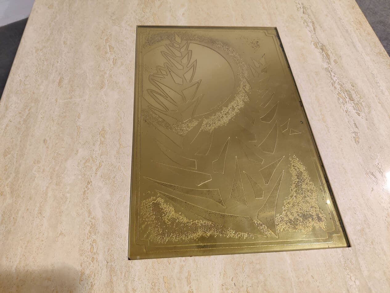 Coffee Table, beige travertine, gold brass, Belgium, 1970s. - 273523