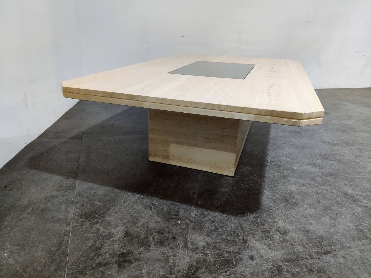 Coffee Table, beige travertine, gold brass, Belgium, 1970s. - 273520