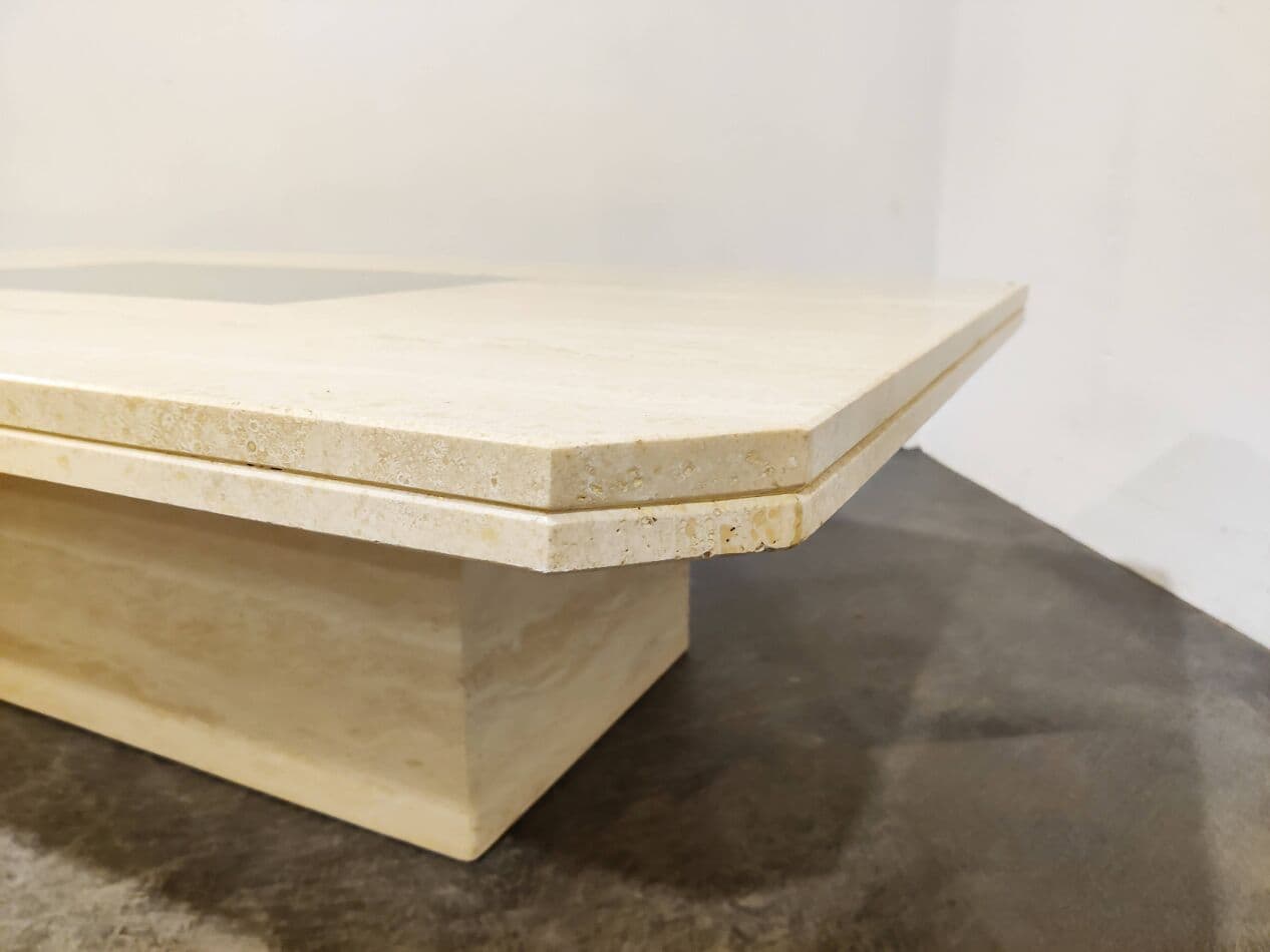 Coffee Table, beige travertine, gold brass, Belgium, 1970s. - 273513
