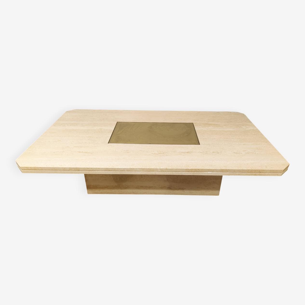 Coffee Table, beige travertine, gold brass, Belgium, 1970s. - 273516