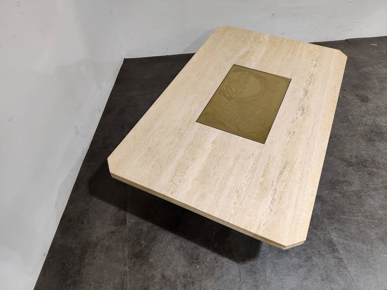 Coffee Table, beige travertine, gold brass, Belgium, 1970s. - 273521