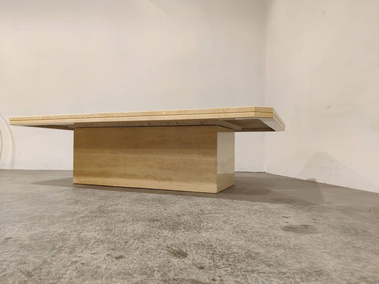 Coffee Table, beige travertine, gold brass, Belgium, 1970s. - 273514