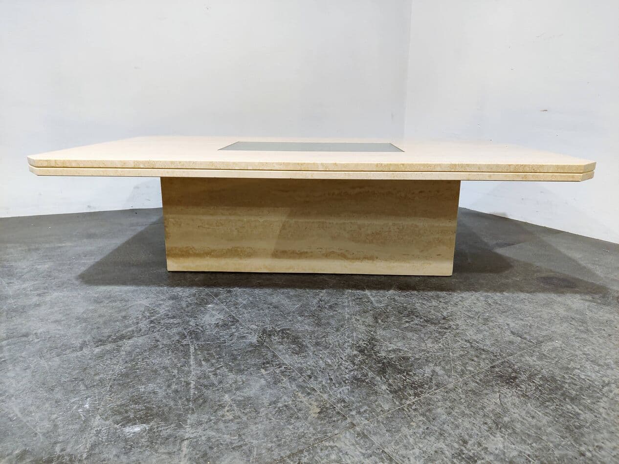 Coffee Table, beige travertine, gold brass, Belgium, 1970s. - 273518