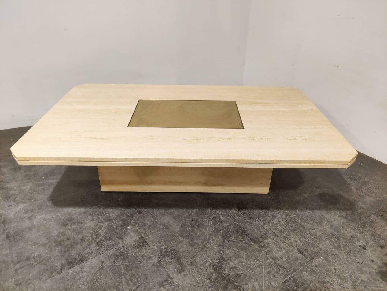 Coffee Table, beige travertine, gold brass, Belgium, 1970s. - 273515