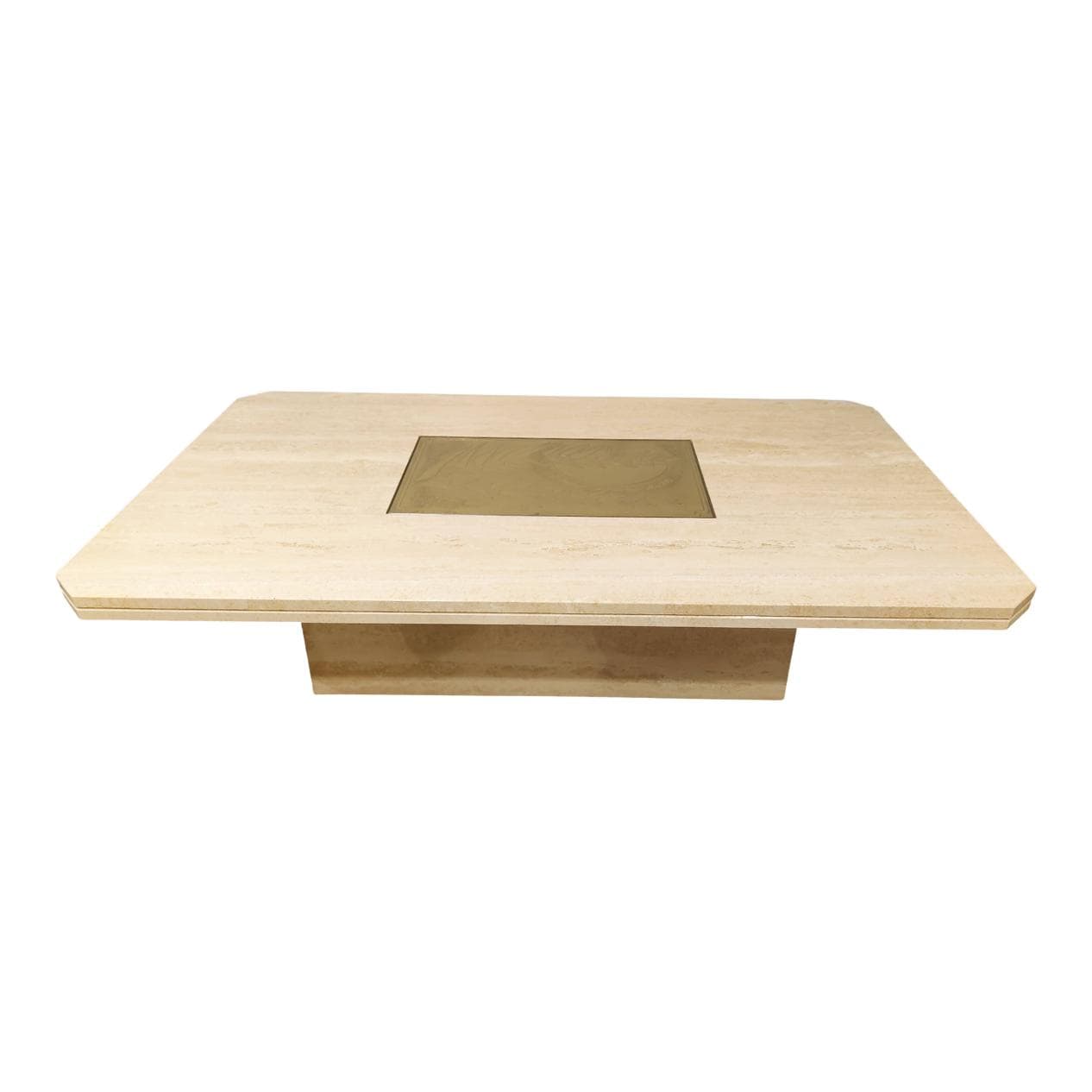 Coffee Table, beige travertine, gold brass, Belgium, 1970s.