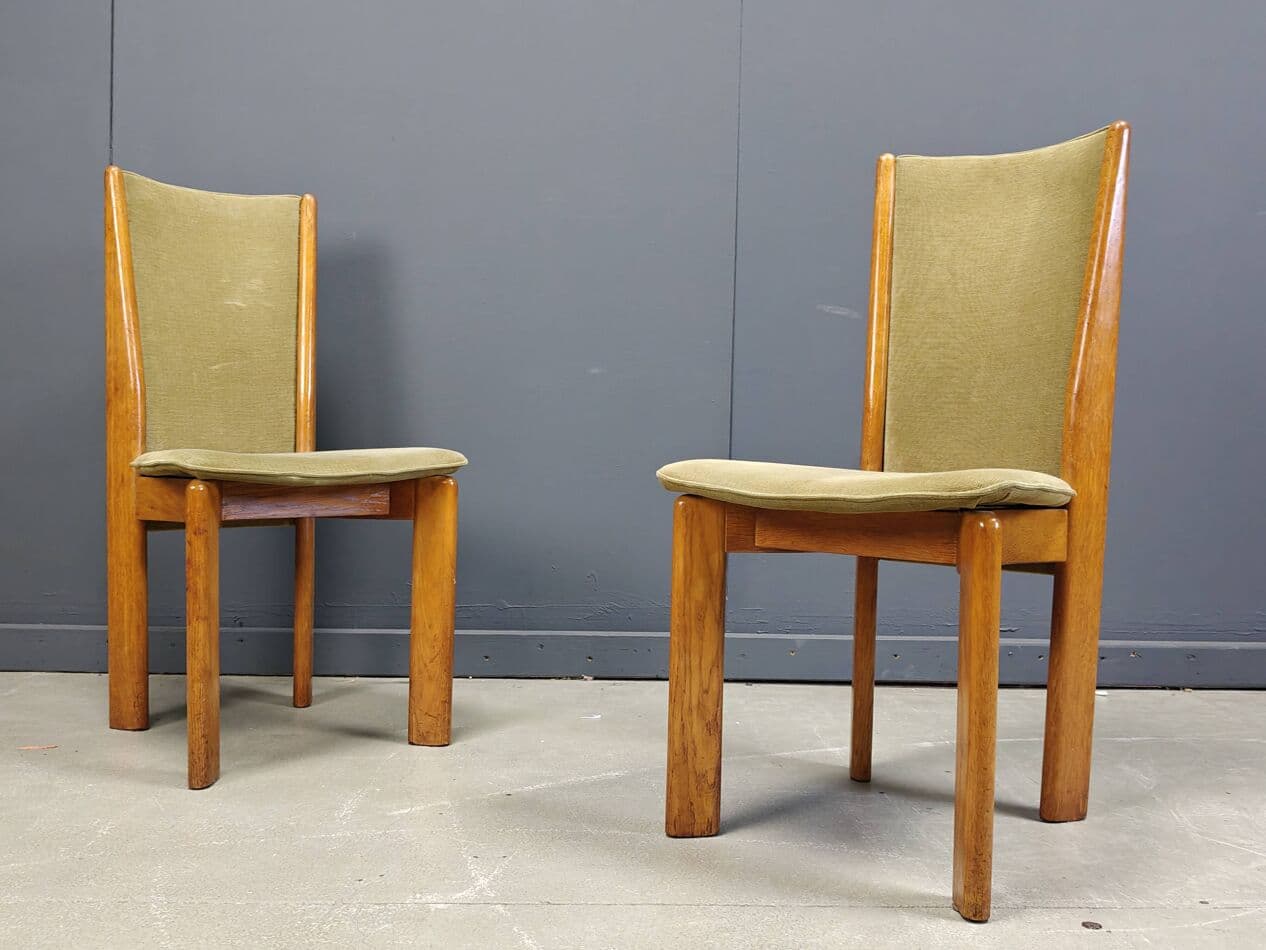 Zestaw sześciu krzeseł jadalnianych, drewno brązowy, velvet oliwkowy, Dania, lata 70. - 273411