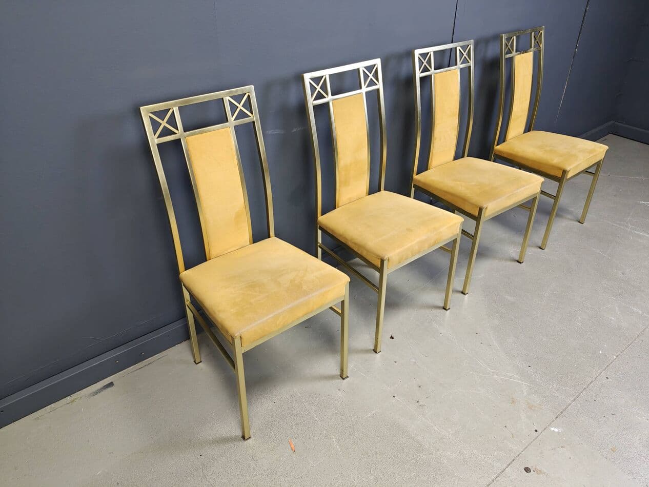 Set of Four Dining Chairs, golden brass, mustard suede, Belgium, 1970s - 273364
