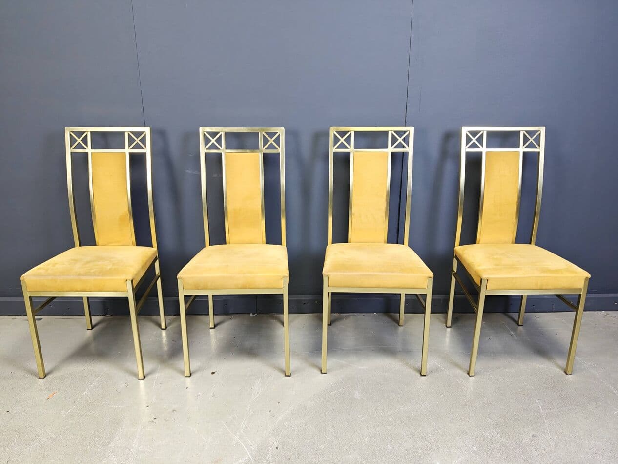 Set of Four Dining Chairs, golden brass, mustard suede, Belgium, 1970s - 273353