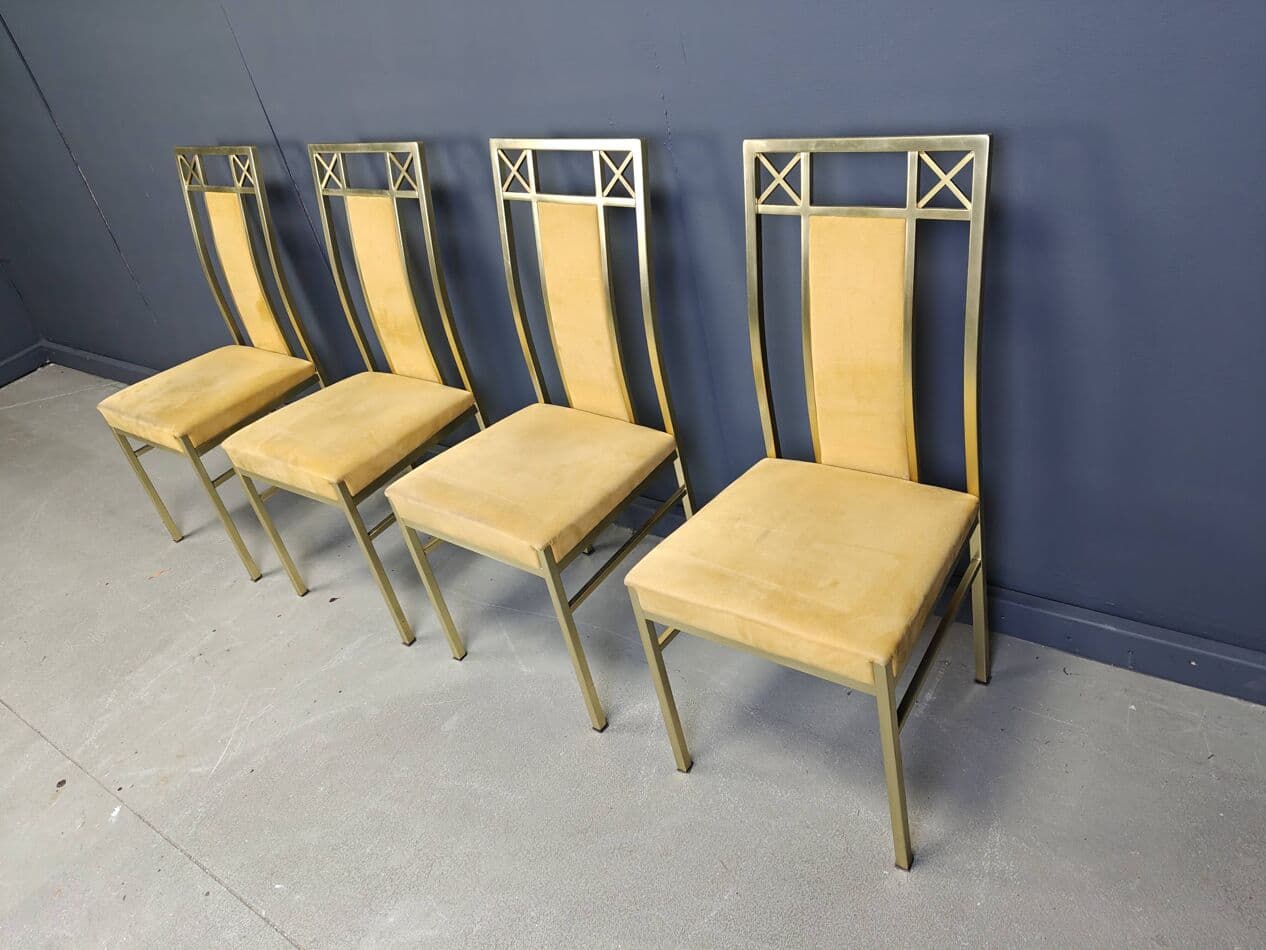 Set of Four Dining Chairs, golden brass, mustard suede, Belgium, 1970s - 273363