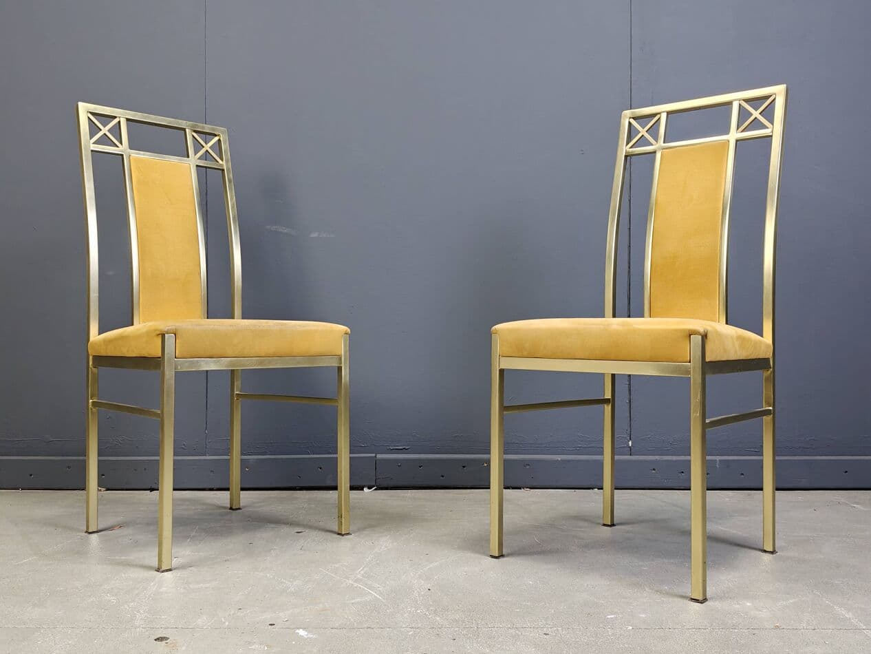 Set of Four Dining Chairs, golden brass, mustard suede, Belgium, 1970s - 273359