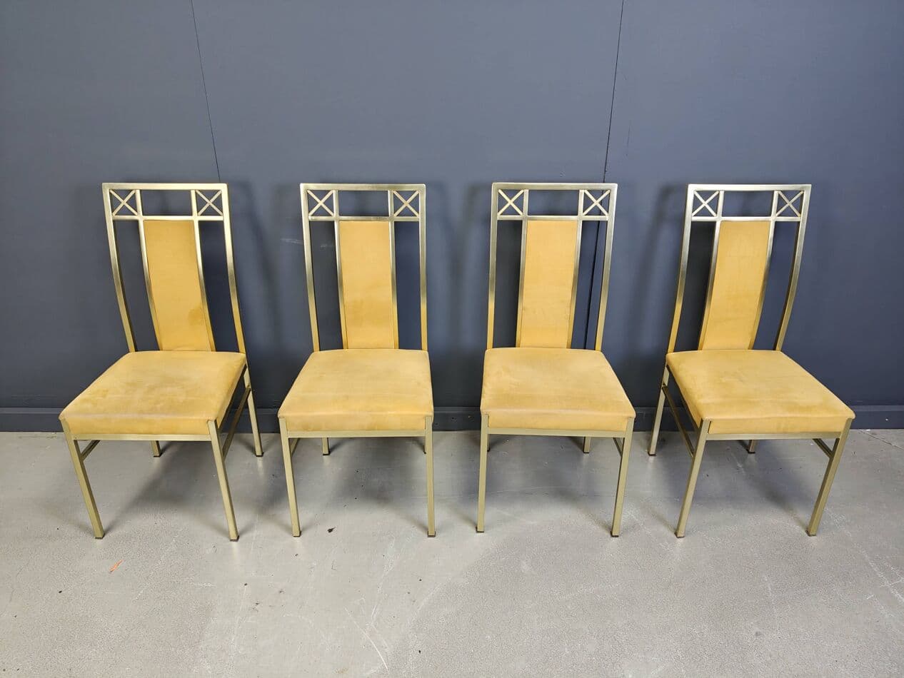 Set of Four Dining Chairs, golden brass, mustard suede, Belgium, 1970s - 273354