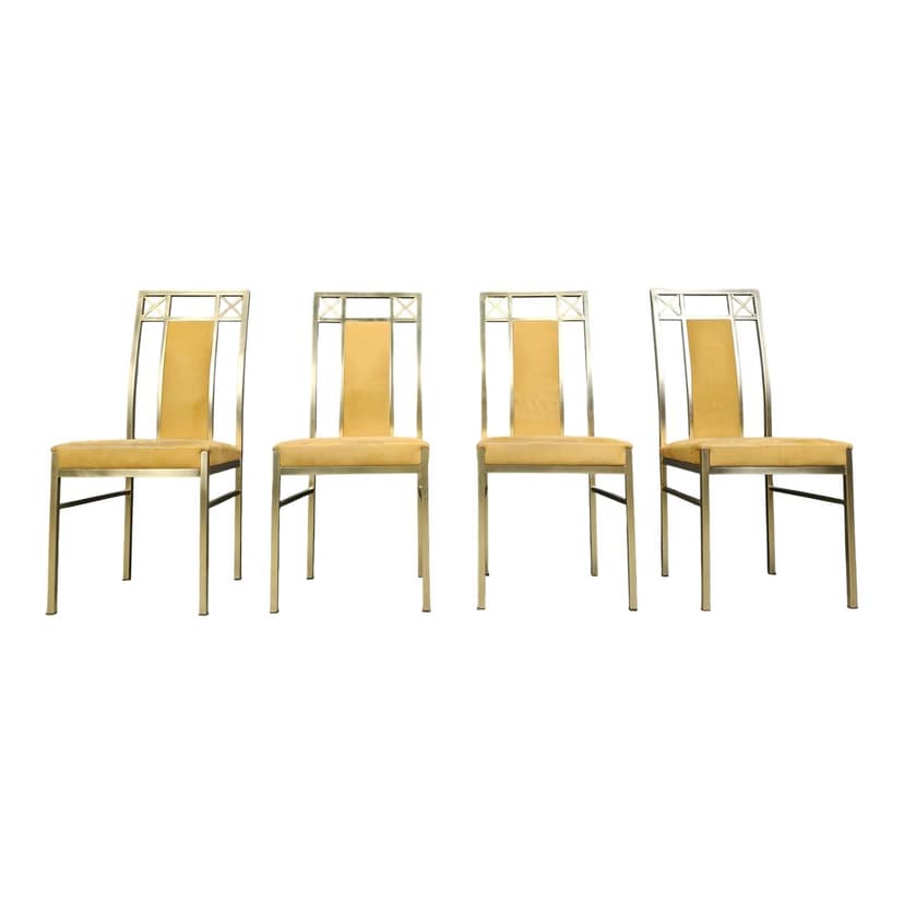 Zestaw czterech krzeseł jadalnianych, mosiądz złoty, zamsz musztardowy, Belgia, lata 70.