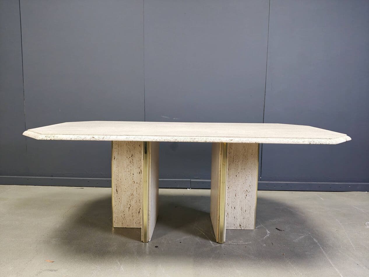 Stół jadalniany, beżowy, trawertyn mosiądz, Włochy, lata 70. - 273336