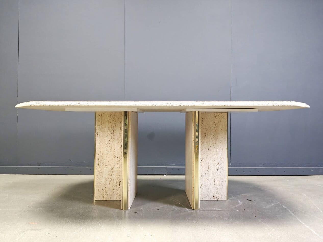 Stół jadalniany, beżowy, trawertyn mosiądz, Włochy, lata 70. - 273335