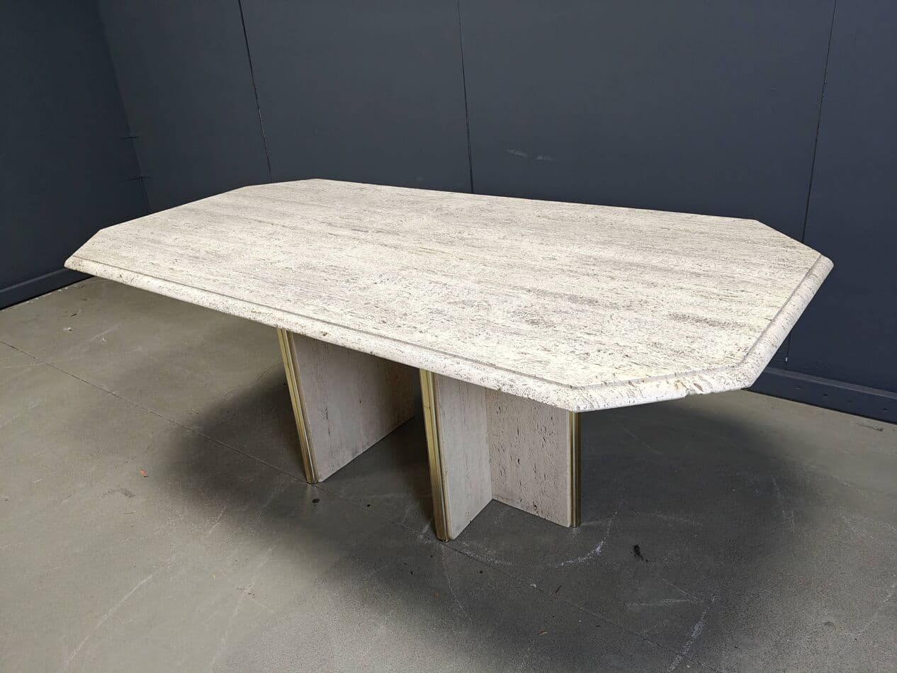 Stół jadalniany, beżowy, trawertyn mosiądz, Włochy, lata 70. - 273329