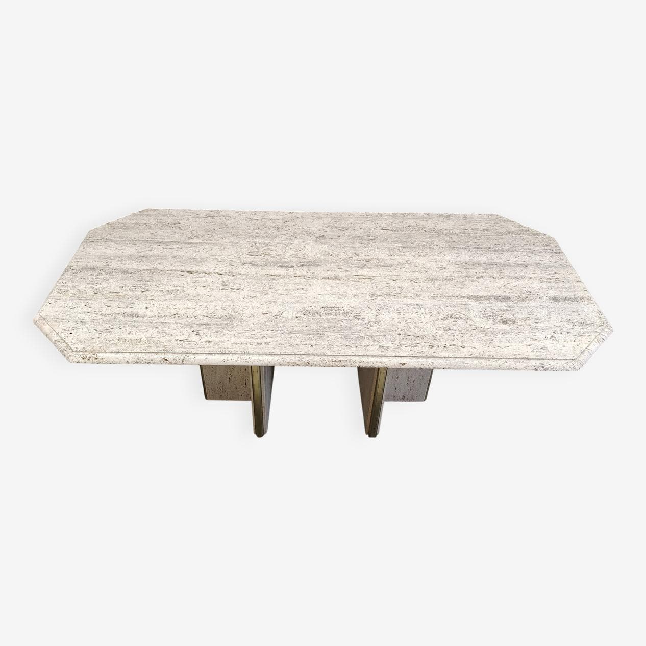 Stół jadalniany, beżowy, trawertyn mosiądz, Włochy, lata 70. - 273328