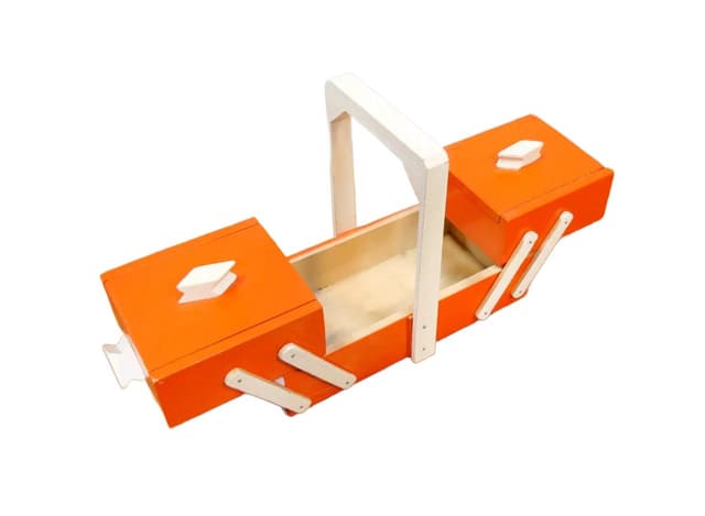 Puzderko na biżuterię rozkładane, multikolor, drewno, Polska, lata 50. - WYMIARY