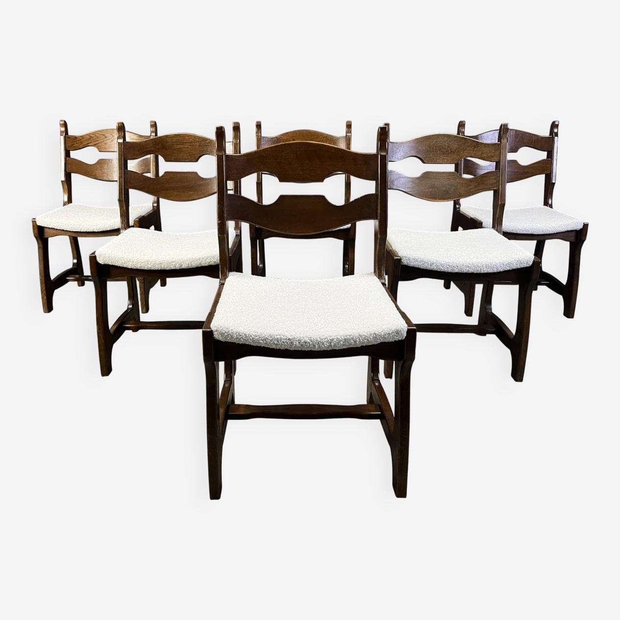 Set of six brutalist dining chairs, brown oak, cream bouclé, Germany, 1960s. - 273289