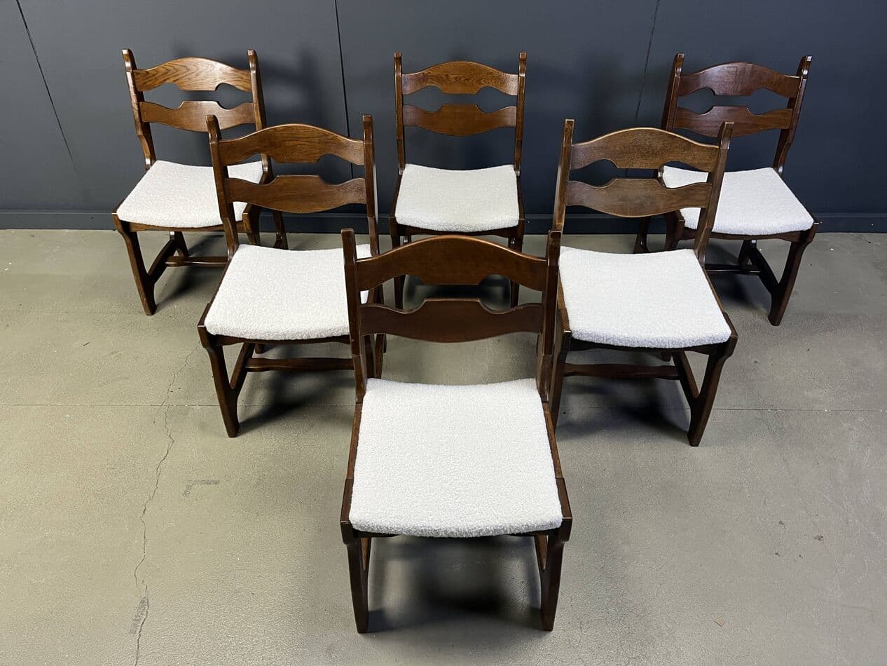 Set of six brutalist dining chairs, brown oak, cream bouclé, Germany, 1960s. - 273296