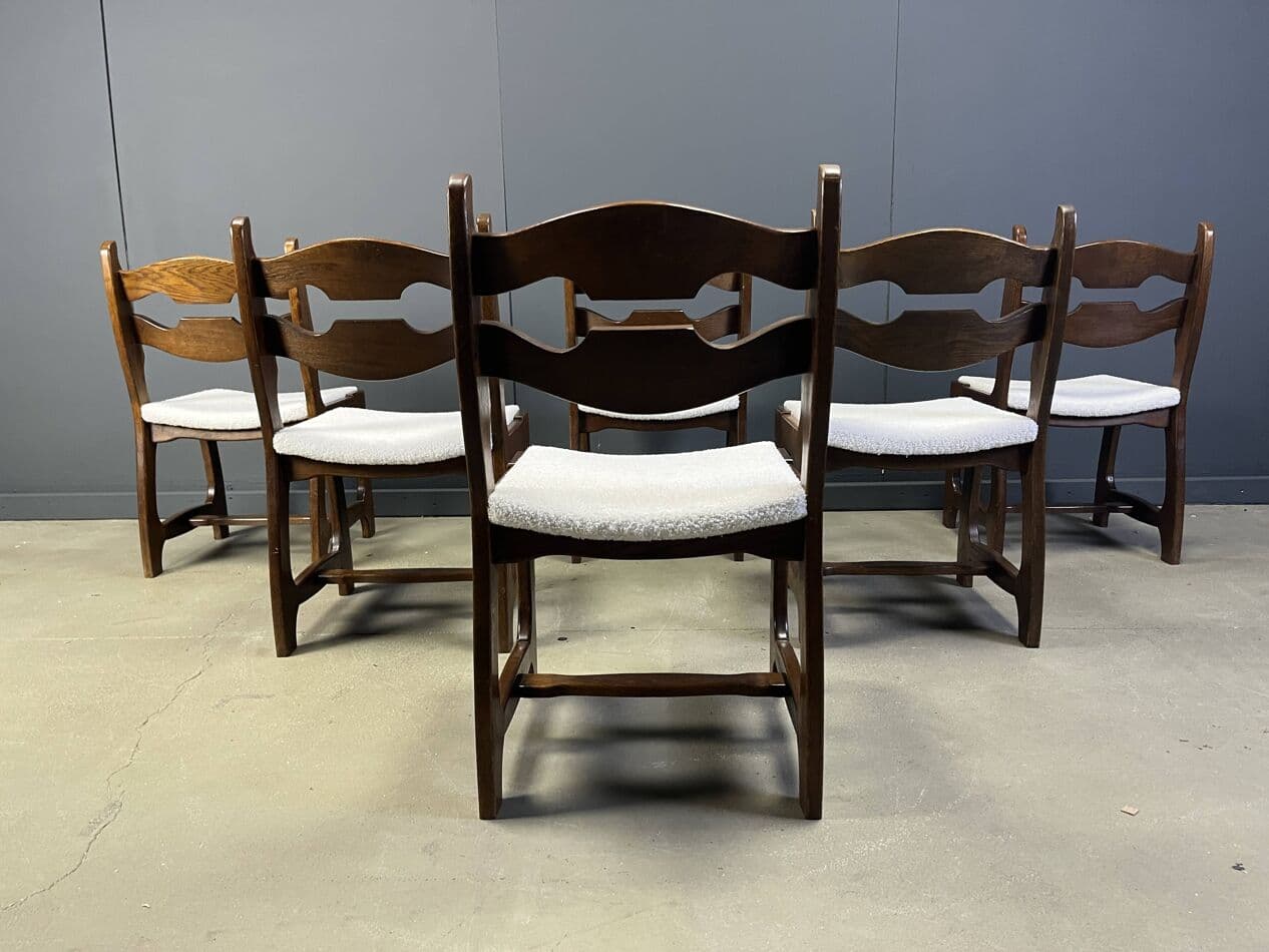 Set of six brutalist dining chairs, brown oak, cream bouclé, Germany, 1960s. - 273291