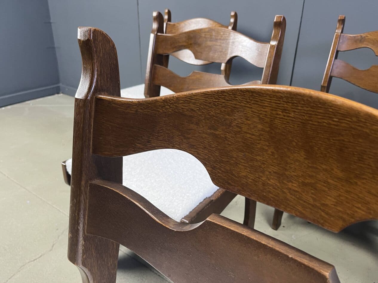 Set of six brutalist dining chairs, brown oak, cream bouclé, Germany, 1960s. - 273293