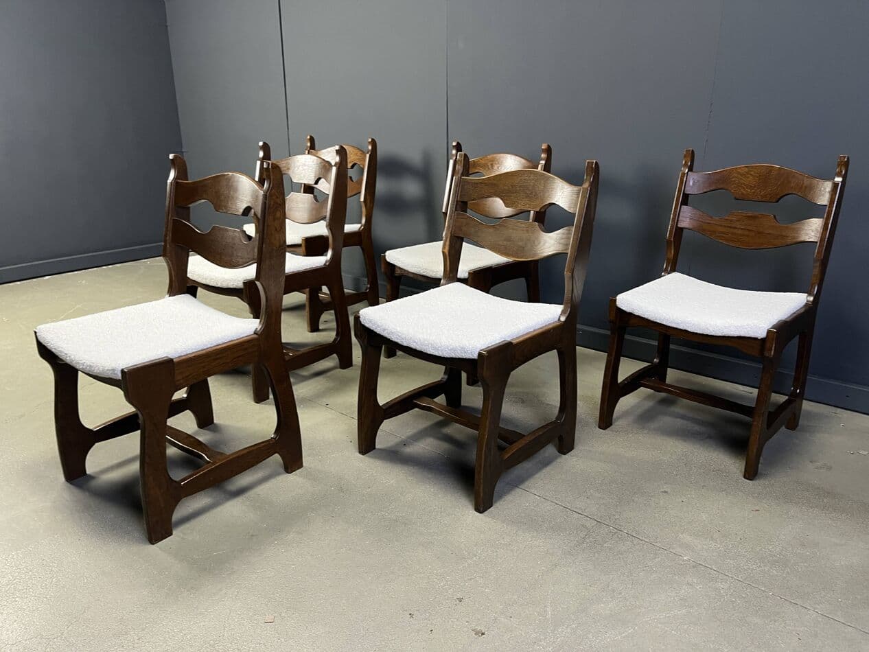 Set of six brutalist dining chairs, brown oak, cream bouclé, Germany, 1960s. - 273294