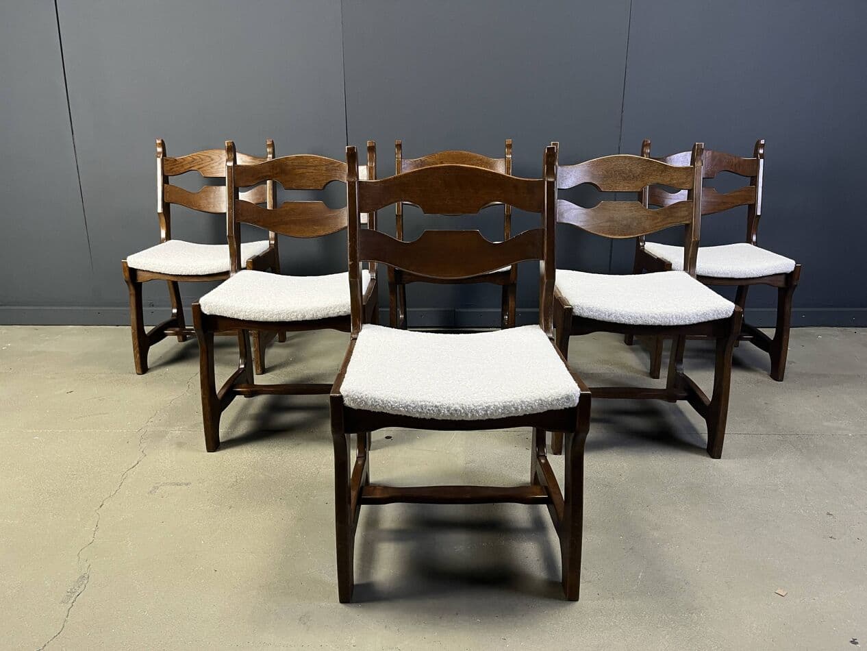 Set of six brutalist dining chairs, brown oak, cream bouclé, Germany, 1960s. - 273287
