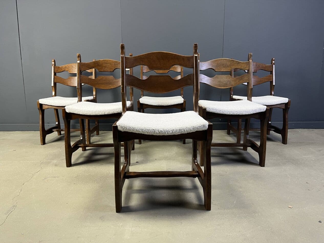 Set of six brutalist dining chairs, brown oak, cream bouclé, Germany, 1960s. - 273288