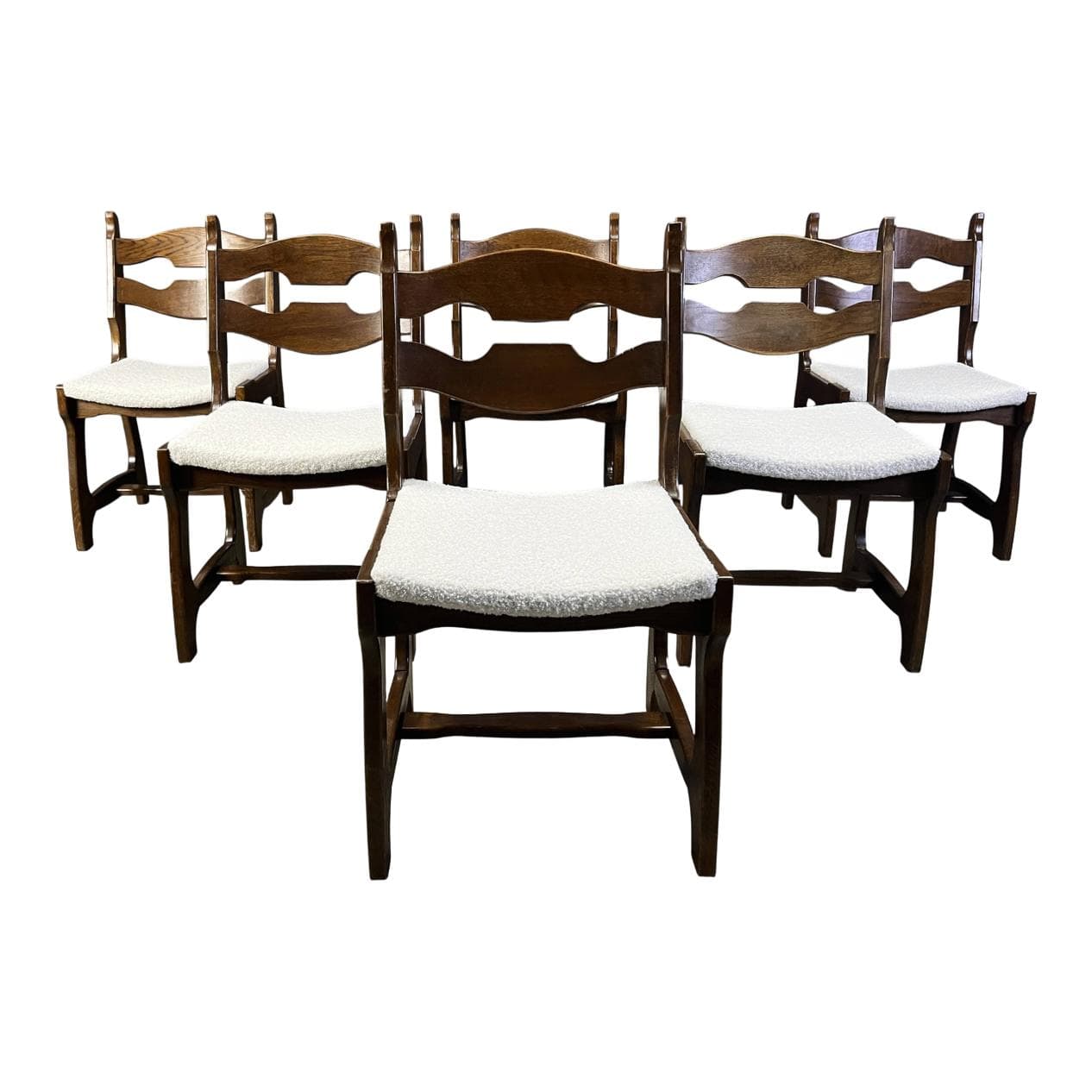 Set of six brutalist dining chairs, brown oak, cream bouclé, Germany, 1960s.