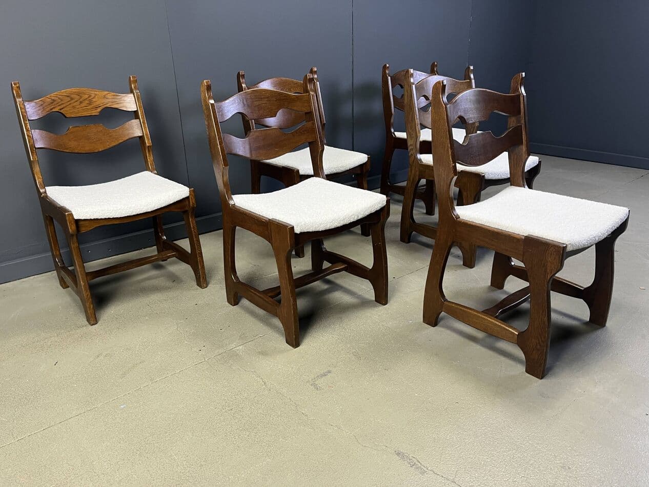 Set of six brutalist dining chairs, brown oak, cream bouclé, Germany, 1960s. - 273295