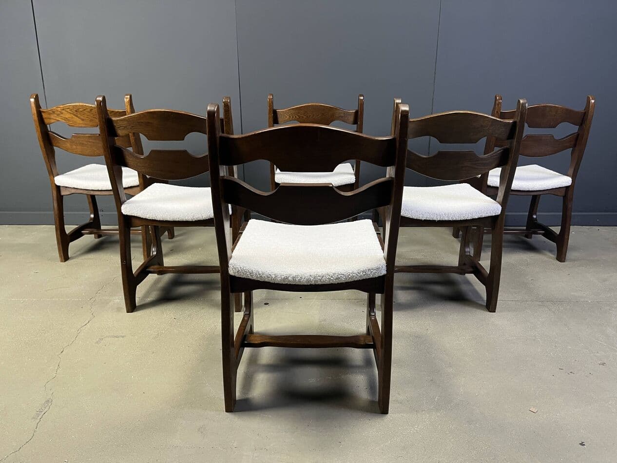 Set of six brutalist dining chairs, brown oak, cream bouclé, Germany, 1960s. - 273292