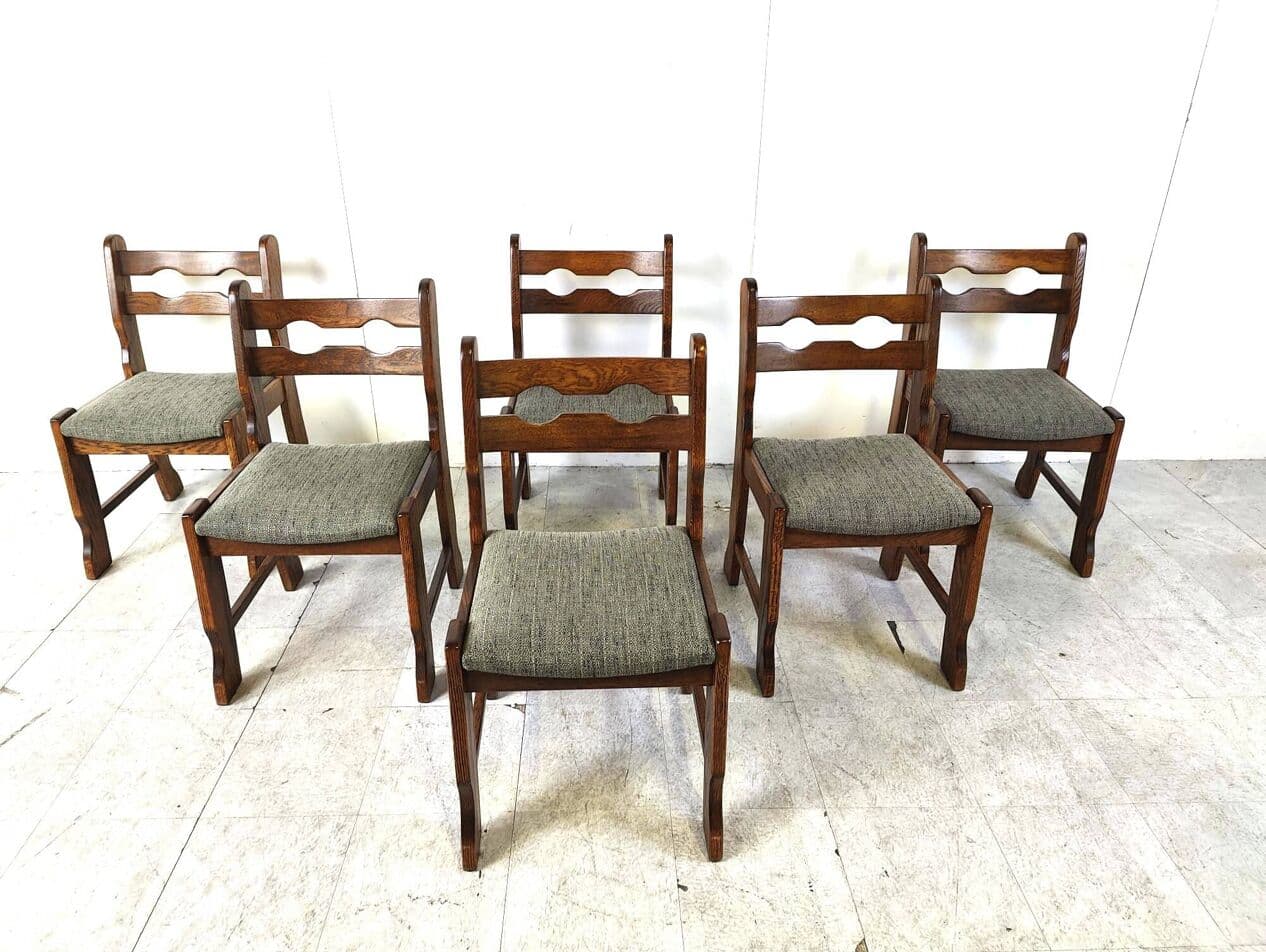 Zestaw sześciu krzeseł brutalistycznych, drewno brązowy, tkanina szara, Niemcy, lata 70. - 273279