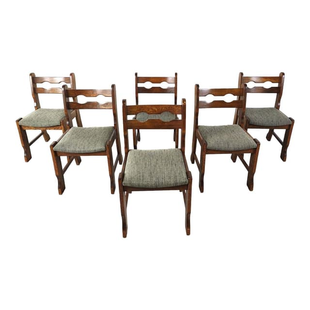 Zestaw sześciu krzeseł brutalistycznych, drewno brązowy, tkanina szara, Niemcy, lata 70. - WYMIARY