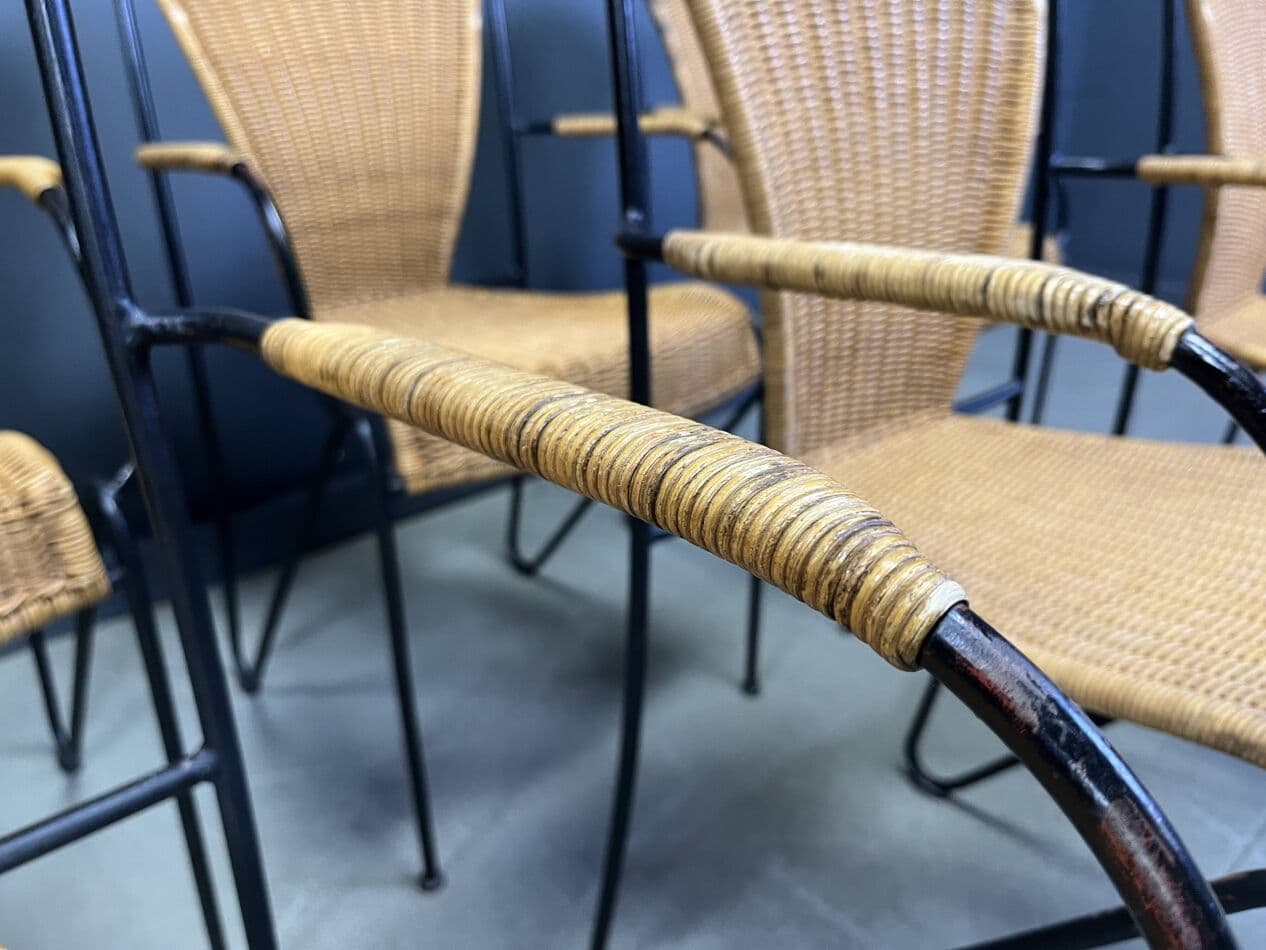 Zestaw sześciu krzeseł bistro, rattan beżowy, żelazo czarne, Francja, lata 60. - 273257