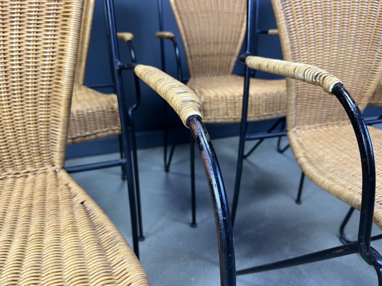 Zestaw sześciu krzeseł bistro, rattan beżowy, żelazo czarne, Francja, lata 60. - 273258