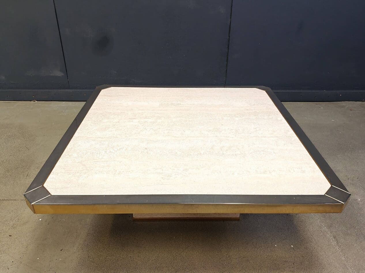 Coffee Table, Gold Brass, Travertine, Belgium, 1970s. - 273234
