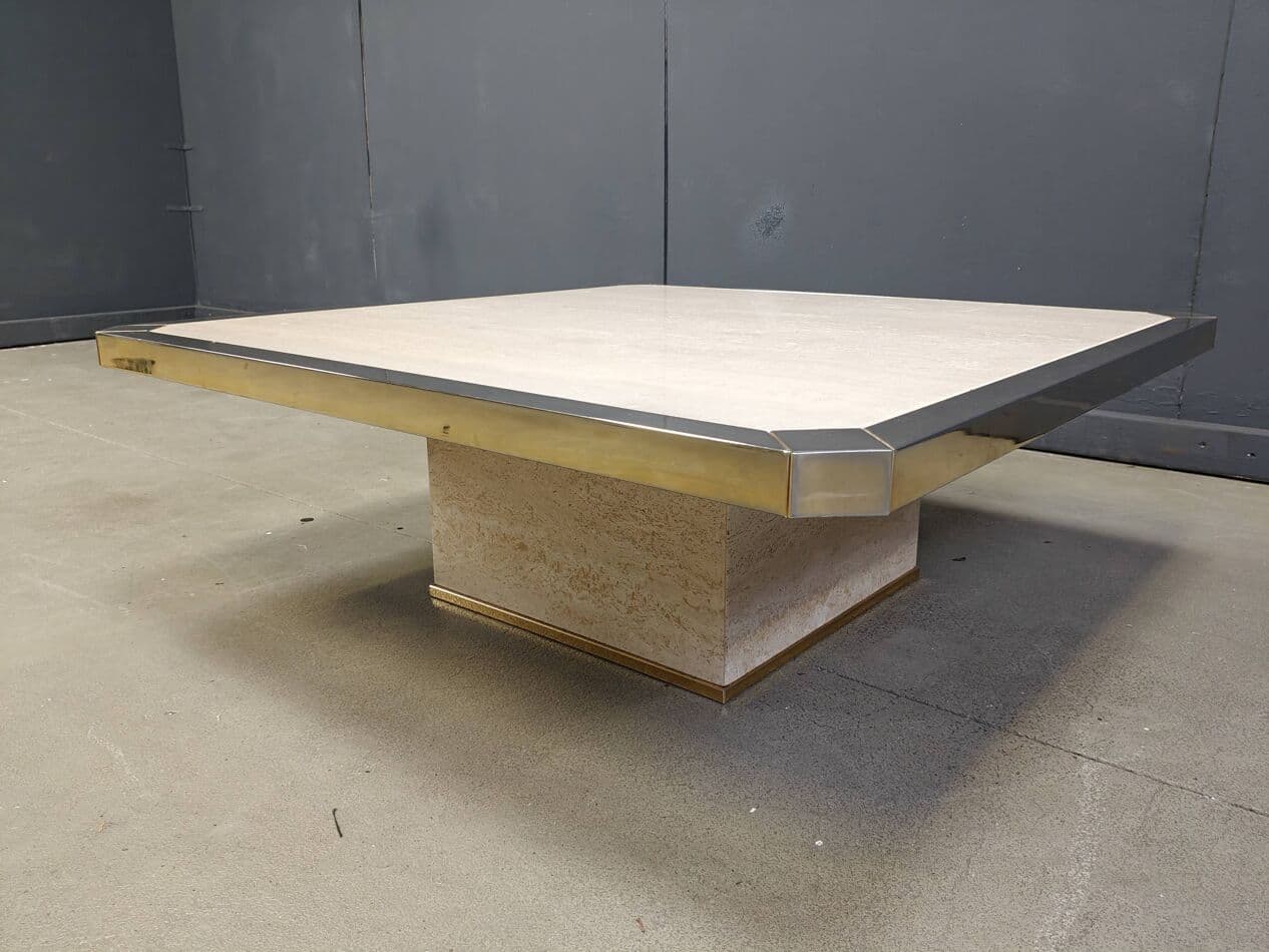 Coffee Table, Gold Brass, Travertine, Belgium, 1970s. - 273239