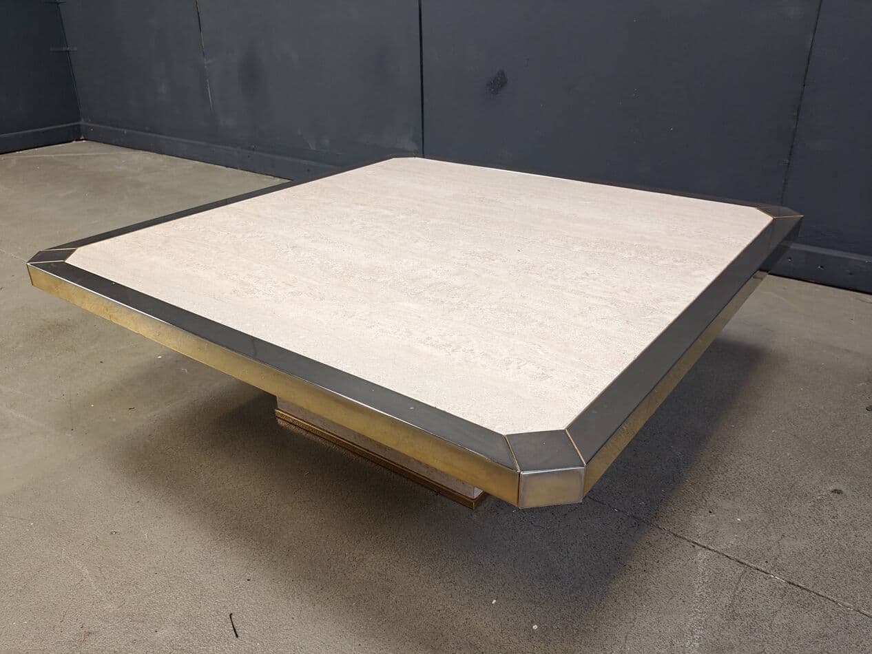 Coffee Table, Gold Brass, Travertine, Belgium, 1970s. - 273240