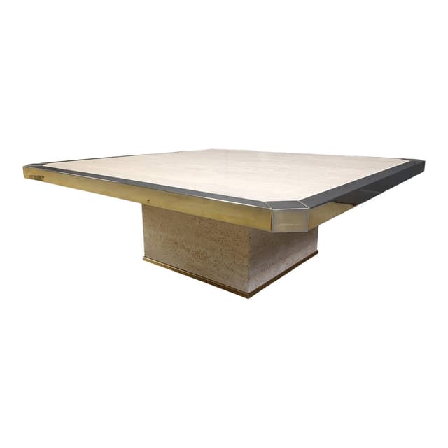 Coffee Table, Gold Brass, Travertine, Belgium, 1970s. - DIMENSION