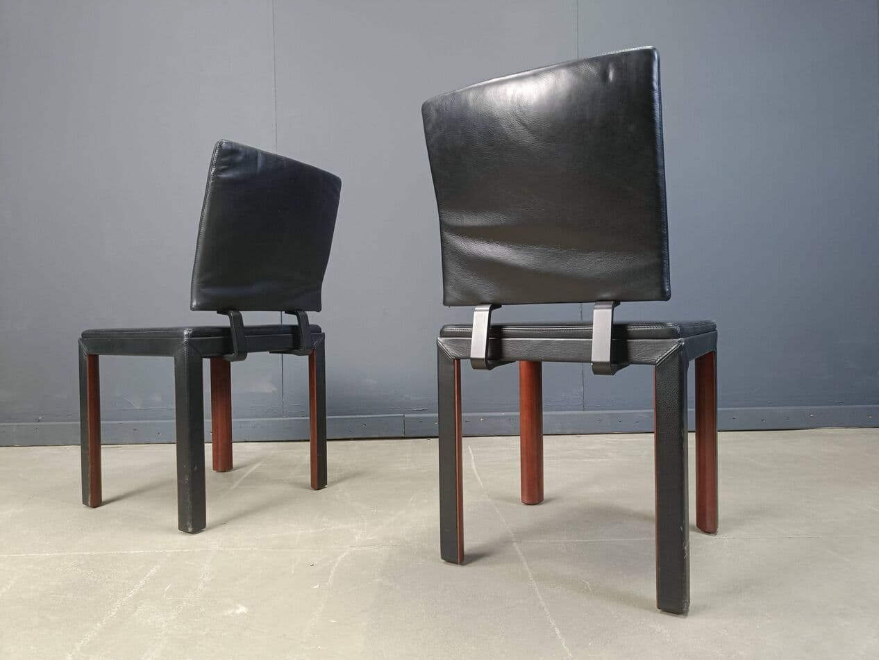 Set of six dining chairs, black leather, wood, Belgium, 1980s. - 273179