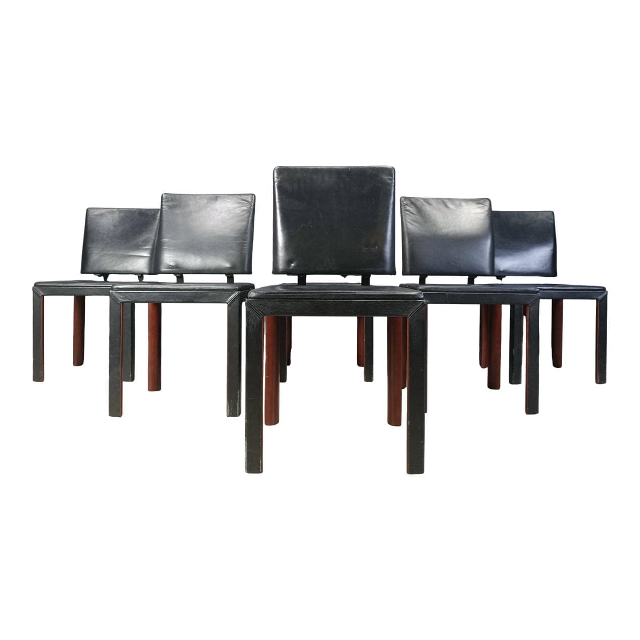 Set of six dining chairs, black leather, wood, Belgium, 1980s.
